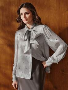 Anewsta Blouse femme printemps/été avec nœud papillon et design de faux perles - Argent - Voir 6