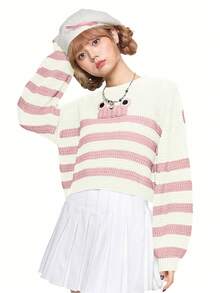 ROMWE Kawaii Casual Frog Striped Cute Women Pullover Sweater
