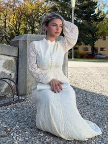 Jeta Ari Elegant,Spring,All White Woman Outfits Women's Long Sleeve Lace Burgundy Dress Maxi Women Outfit - Beige - View 5