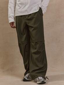 Musero Men Wide Leg Baggy Knee Overlay Panels Ruched Double Style Waistband Elasticated Drawstring Waist Pants SPRING SUMMER - Army Green - View 2