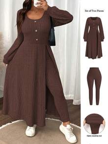 SHEIN LUNE Plus Size Women Solid Color Fuzzy Ribbed Minimalist Casual Autumn/Winter Top And Slim Fit Pants Set - Rust Brown - View 1