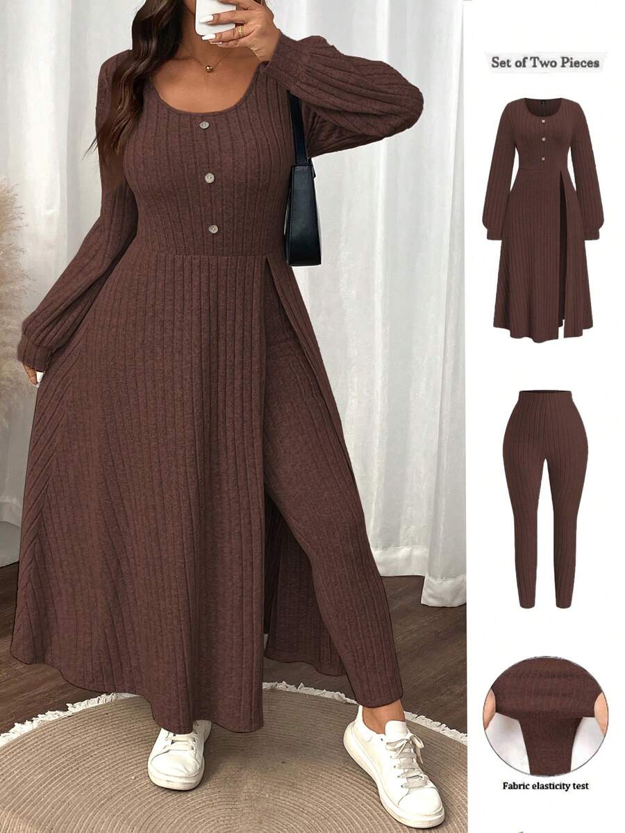 SHEIN LUNE Plus Size Women Solid Color Fuzzy Ribbed Minimalist Casual Autumn/Winter Top And Slim Fit Pants Set - Rust Brown - View 1