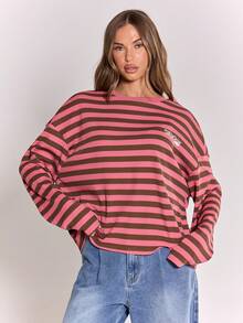 MUSERA 超大款长袖条纹印花标语T恤 Y2K酷女孩街头风日常休闲秋季可爱舒适休闲假日春夏 - 彩色 - 查看 1