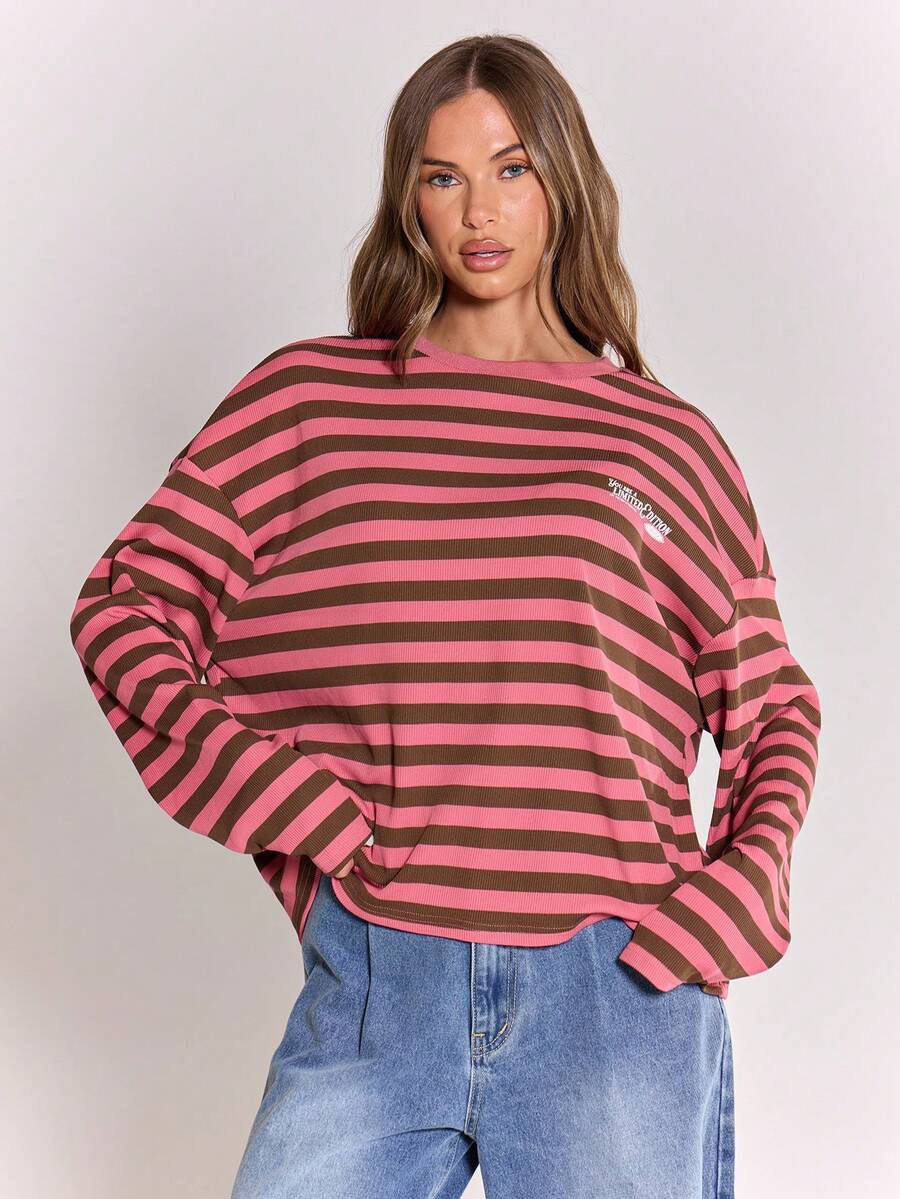 MUSERA 超大款长袖条纹印花标语T恤 Y2K酷女孩街头风日常休闲秋季可爱舒适休闲假日春夏 - 彩色 - 查看 1