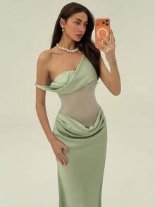 Aloruh Đầm dài lệch vai phối lưới gợi cảm dành cho nữ, màu xanh lá cây. - màu xanh lá - Xem 9