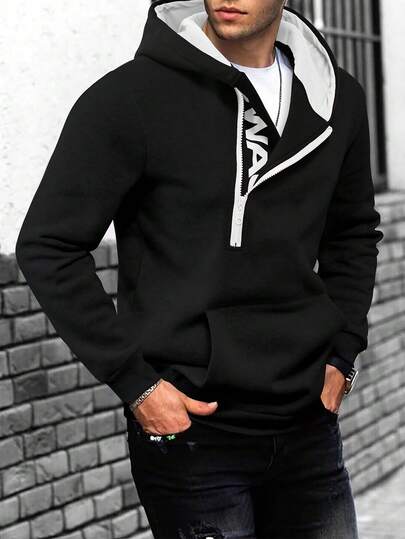 Manfinity Homme 男士休闲日常通勤时尚街头风连帽衫，字母印花，袋鼠口袋，半拉链设计，春秋季男士黑色连帽衫，套头衫，休闲男士连帽衫，长袖上衣