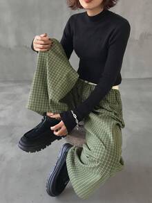 FRIFUL 女士撞色弹力腰抽绳格子直筒裤带口袋休闲裤，秋季款 - 綠色 - 查看 5