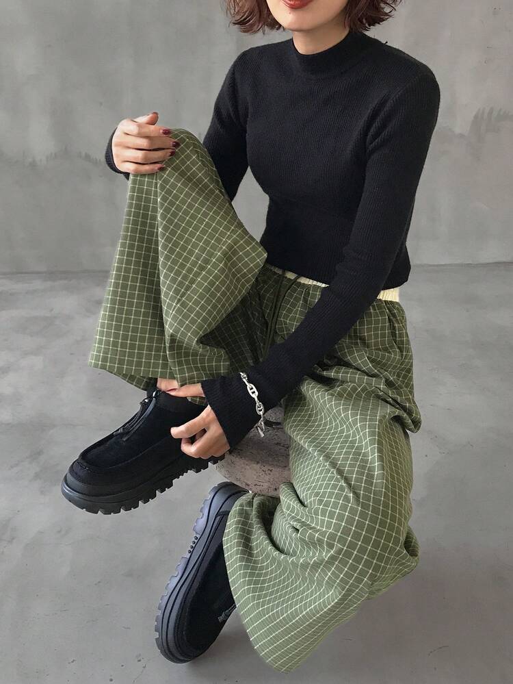 FRIFUL 女士撞色弹力腰抽绳格子直筒裤带口袋休闲裤，秋季款 - 綠色 - 查看 5