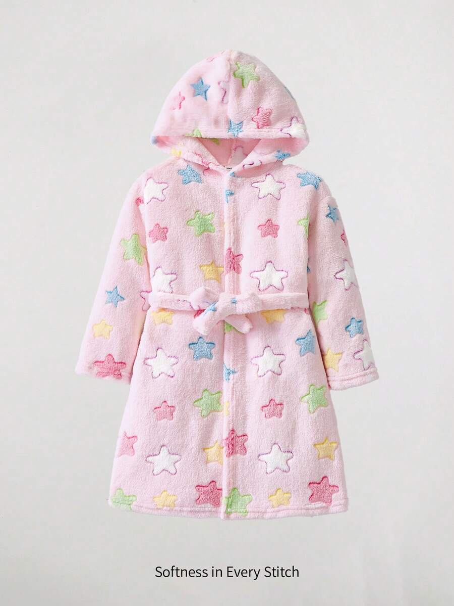 Cozy Pixies 女童愛心圖案保暖內裡連帽長袖繫腰毛絨睡袍洗浴袍 秋季幼童女童浴袍 - 粉色 - 查看 1