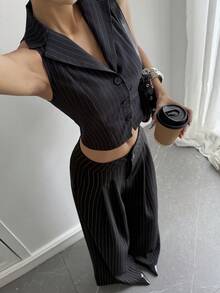 DAZY Women's Striped Open Front Casual City Sleeveless Blazer, Summer Business Attire - Black - View 7