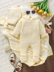 SHEIN 3pcs Newborn Baby Girl Outfit Set: Pink Embroidered Romper With Peter Pan Collar, Footie, Hat + Knit Blanket Baby Set Autumn Winter Season Vintage Winter Baby Clothes Baby Girl Clothes Spring Fall Baby Clothes Neutral Warm Baby Girl Clothes Baby Knitted Outfit Baby Set Autumn Winter Season Vintage Winter Baby Clothes Newborn Sweater Romper Neutral Baby Clothes Unisex Baby Set Autumn Winter Season Baby Girl Knitted Outfits Newborn Sweater Romper Winter Baby Girl Clothes Warm Baby Girl Clothes - Apricot - View 2