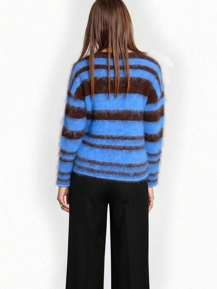 SHEIN BAE Randig tröja med färgblock för kvinnor, höst, vinter, vinter för kvinnor, höst för kvinnor, halloween, Halloweenkostym för kvinnor, jul, jultröja, nyår, nyår, thanksgiving, fest, fest, elegant, ledig, blå randig tröja, randig tröja, löst randig tröja, varm tröja, ledig tröja, - Multifärgad - Visa 2