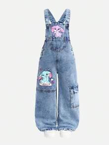 SHEIN 小女孩可爱双色卡通兔子图案蓝色牛仔宽松背带裤 - 淺色水洗藍 - 查看 3