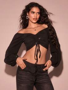 Glamine 闪光印花华丽领口抽绳灯笼袖短款上衣