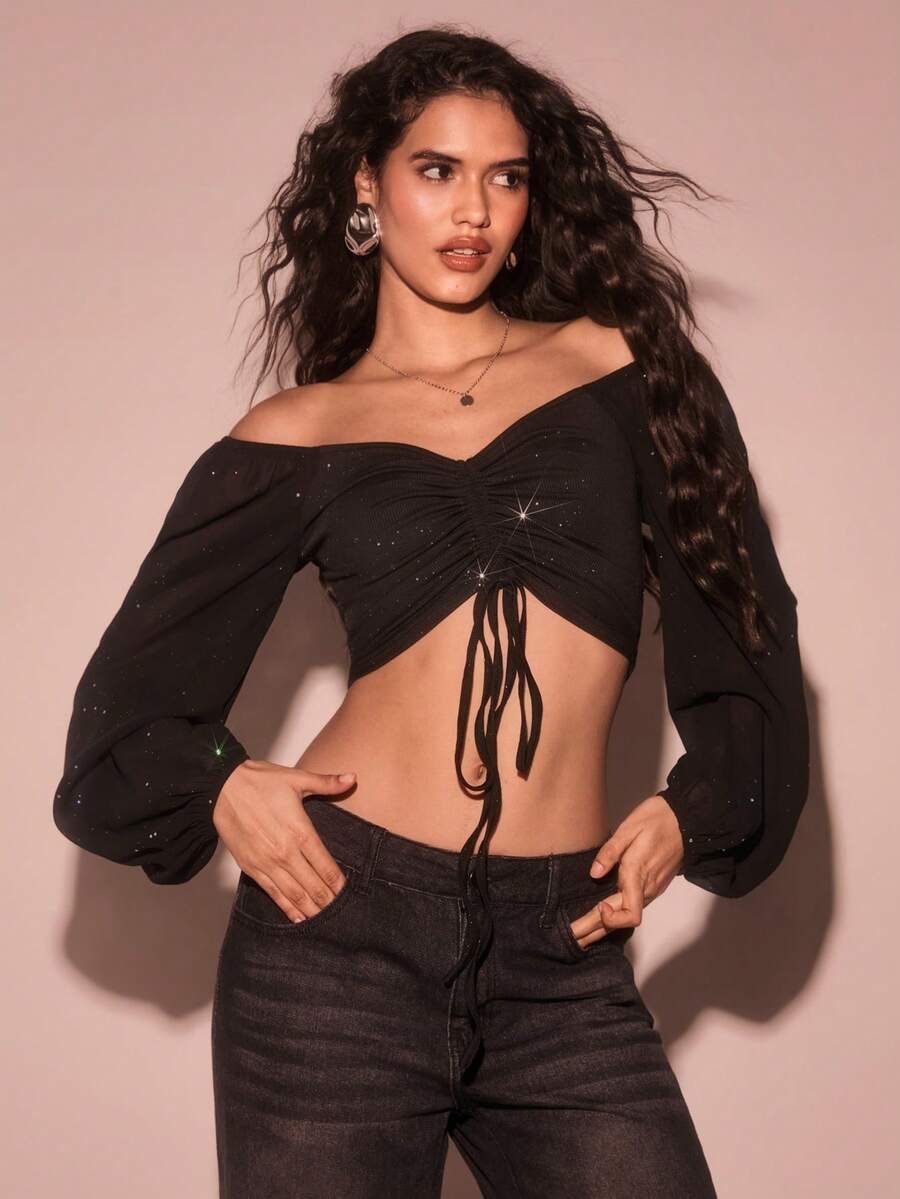 Glamine 闪光印花华丽领口抽绳灯笼袖短款上衣