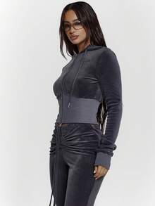 MUSERA Zip Through Fitted Ribbed Snatched Underbust Hooded Velour Sweatshirt Only Night Out Cute - Dark Grey - View 4