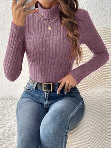 SHEIN Frenchy 女式纯色高领罗纹修身休闲长袖 T 恤 - 中紫紅色 - 查看 3