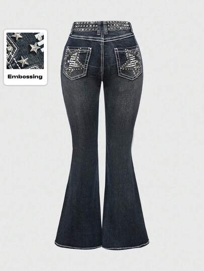 Grunge Punk جينز بخصر منخفض جدًا وأرجل واسعة مزين بالراين ستار بطراز رجعي Y2K للنساء، متعدد الاستخدامات لمناسبات متعددة