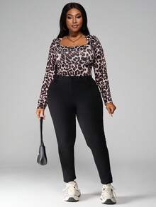 SHEIN PETITE CURVE 大码女式方领豹纹长袖紧身衣 - 棕色 - 查看 4