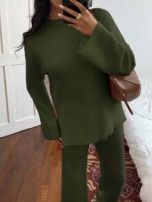 Flirla 2 件套女式针织毛衣套装 - 圆领套头毛衣和长裤