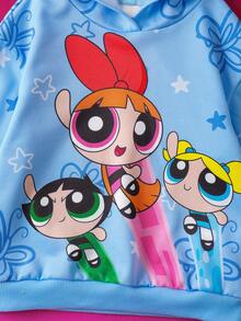 THE POWERPUFF GIRLS X SHEIN Young Girl Cute Blossom, Bubbles, Buttercup Pattern Butterfly Graphic Drop Shoulder Long Sleeve Hooded Knit Casual Sweatshirt, Blue - Blue - View 6