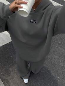 Muchica 女士秋冬新款保暖内衬休闲宽松连帽衫和运动裤两件套，深灰色 - 深灰色 - 查看 6