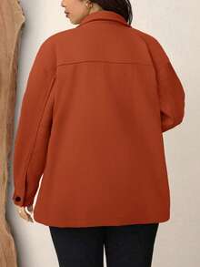 Zelara Plus Size Solid Color Drop Shoulder Long Sleeve Front Button Casual Versatile Overcoat - Coral Orange - View 2