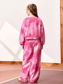 JNSQ Conjunto de 2 piezas para niñas preadolescentes - Sudadera con mangas largas y efecto tie-dye y pantalón de chándal de pierna recta holgada, adecuado para otoño, invierno, uso diario, actividades al aire libre, vacaciones, ropa urbana, fiestas y casual - Rosa - Ver 2
