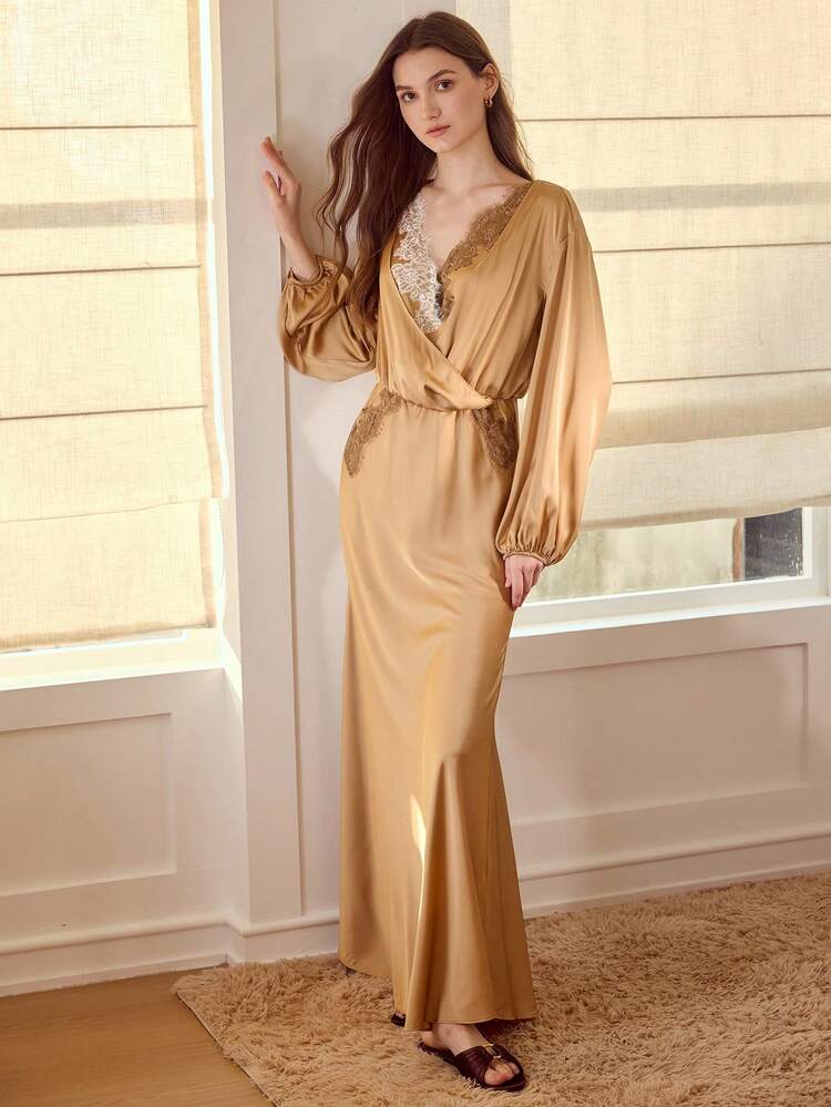 コントラストレースカラーブロックスリープドレス