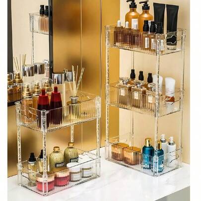 1 kệ đựng mỹ phẩm trong suốt 2/3 lớp để trên mặt bàn, kệ trưng bày đồ dùng trên bàn làm việc, khay đựng nước hoa và mỹ phẩm chăm sóc da