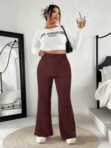 SHEIN EZwear 大码女式纯色松紧腰罗纹喇叭裤 - 卡其色 - 查看 3