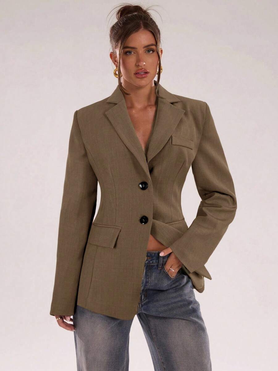 SHEIN BAE Women's Casual Single-Breasted Long Sleeve Blazer - Khaki - View 1