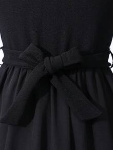 Tween Girl Elegant Pearl Embellished Puff Sleeve Dress - Black - View 5