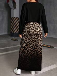 SHEIN Essnce 两件套加大码女式渐变豹纹印花休闲圆领长袖T恤和吊带裙，秋冬款 - 彩色 - 查看 2