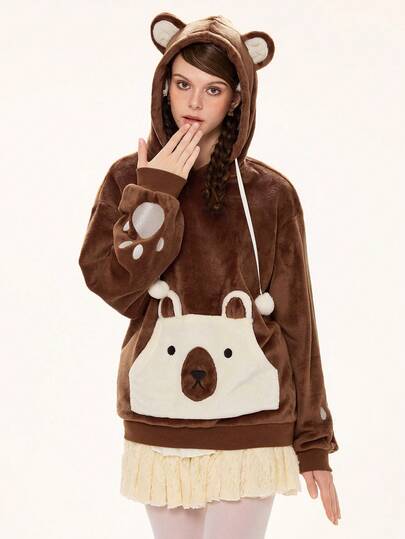 Kawaii sweat-shirt à capuche mignon avec oreilles d'ours pour femmes, en tissu moelleux avec un design brodé de patte d'ours