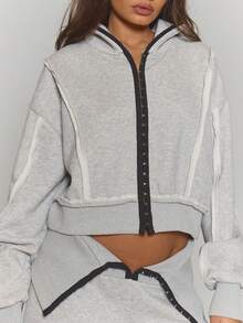 MUSERA 露缝拉链短款连帽卫衣，冬季街头风，酷炫夜店日常性感休闲款 - 深灰色 - 查看 2