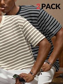 AKNOTIC 3 件装男士休闲条纹圆领短袖宽松 T 恤，夏季 - 黑色 - 查看 1