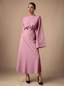 EURMUSE Women's Solid Color Round Neck Pleated Elegant Long Sleeve Dress - Baby Pink - View 3