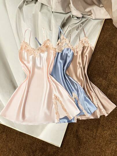 SilkySpell 3pcs Women Sexy Deep V Slip Dress Set, Elegant Satin Multi-Color Combination, Embroidered Trim, Suitable For All Seasons As Sleepwear Or Outerwear
