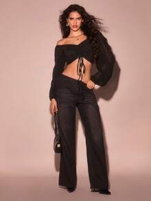 Glamine 闪光印花华丽领口抽绳灯笼袖短款上衣