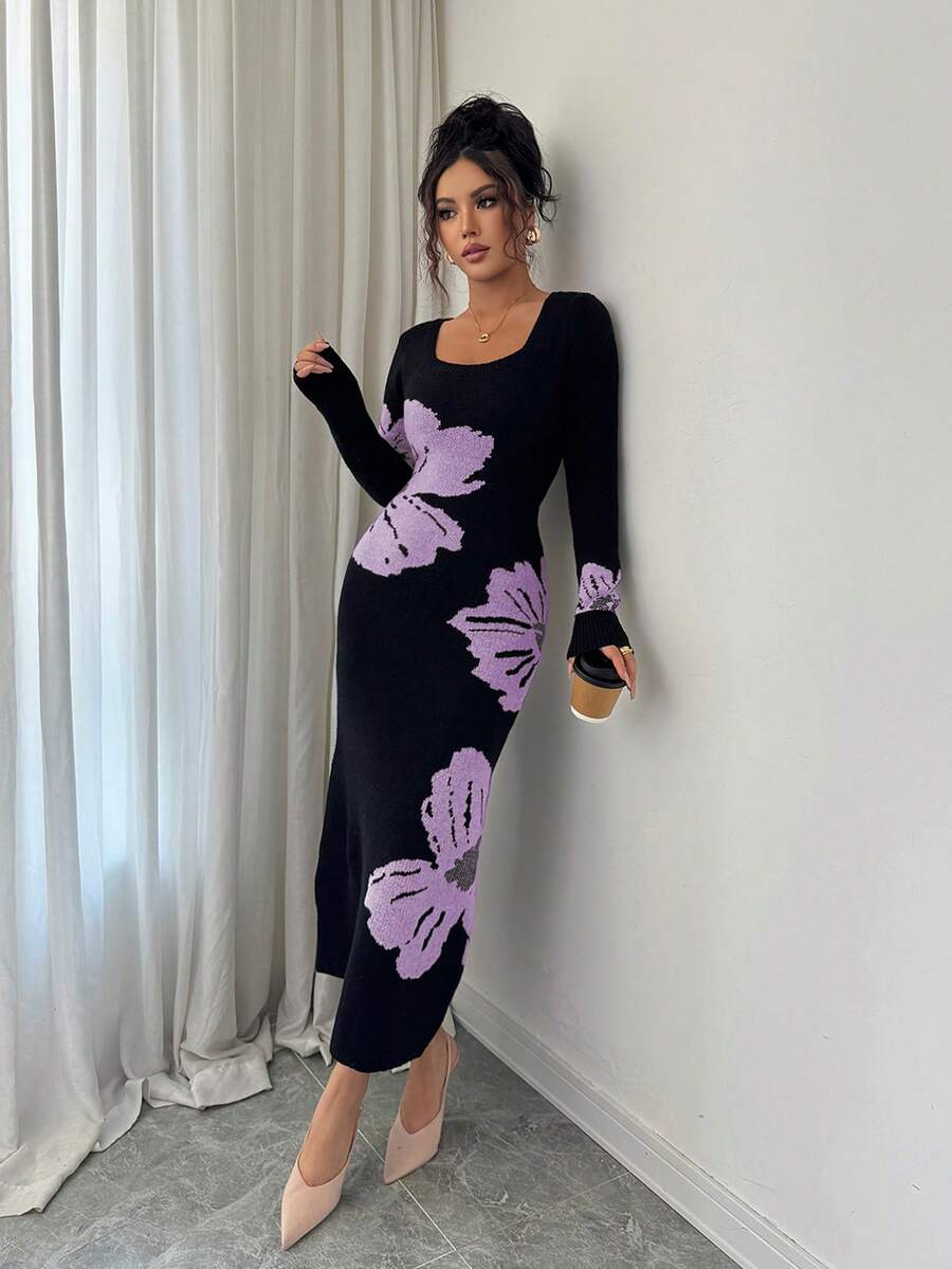 Elenzga Gaun Sweater Bodycon Rajut Jacquard Leher Persegi - Mauve Purple - View 1