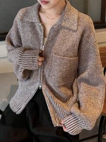 FRIFUL 女式灰色翻领落肩长袖双拉链下摆罗纹宽松休闲套头衫，秋季