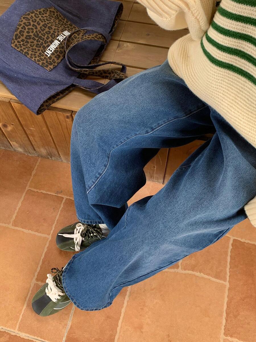 Dazy Plus Plus Size Casual Washed Loose Straight Leg Long Denim Jeans - Medium Wash - View 1