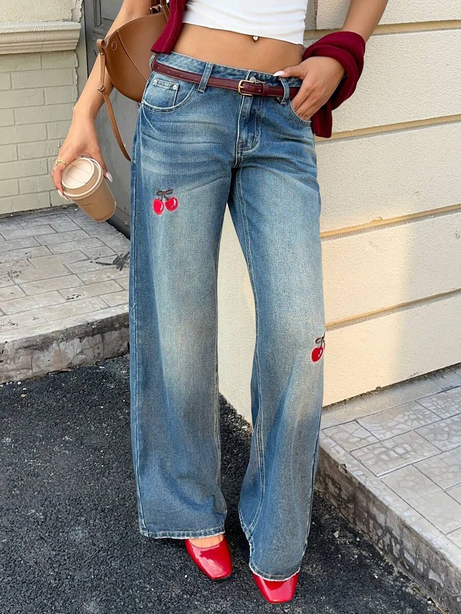 Muchica Women's Retro Blue Low-Waisted Straight-Leg Jeans, Korean Style, Cute Red Cherry Embroidered Christmas Jeans. Winter - Dark Wash - View 1