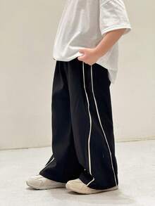 SHEIN Tween Boy Loose Casual Contrast Trim Wide Leg Pants Burgundy Boho Goth Y2k Rave Vacation Holiday Festival Christmas Fall Winter Vintage Casual Cozy