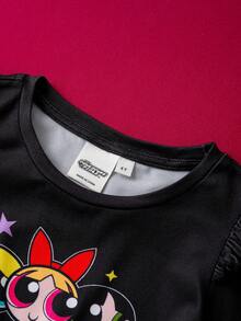 THE POWERPUFF GIRLS X SHEIN 小女孩可爱花朵、泡泡、毛茛图案圆领长袖针织拼接连衣裙 - 紫色 - 查看 6