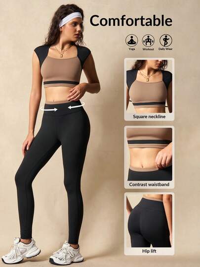 VARSITIE Women's Summer Contrast Color Cropped Sports Top And Leggings Activewear Set