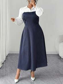 Elenzga Plus Size Women's Elegant Commuter Blue & White Striped Patchwork Collar Single-Breasted Bowknot Design Long Sleeve Puff Sleeve Maxi Fitted Shirt Dress, Spring/Autumn - Multicolor - View 4