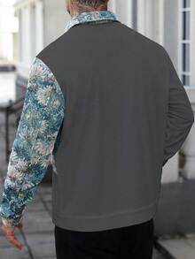 Manfinity CasualCool 男士花卉图案前扣休闲长袖夹克珍珠扣衬衫男士衬衫街头服饰男士花卉纽扣衬衫 - 灰色 - 查看 2