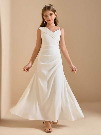 Elegant Flower Girl Dress For Graduation, Wedding, Ball, Suitable For Halloween, Christmas, Champagne Satin One-Shoulder Sleeveless Midi Dress For Tween Girls, Asymmetrical Hem Puffy Princess Dress For Back To School